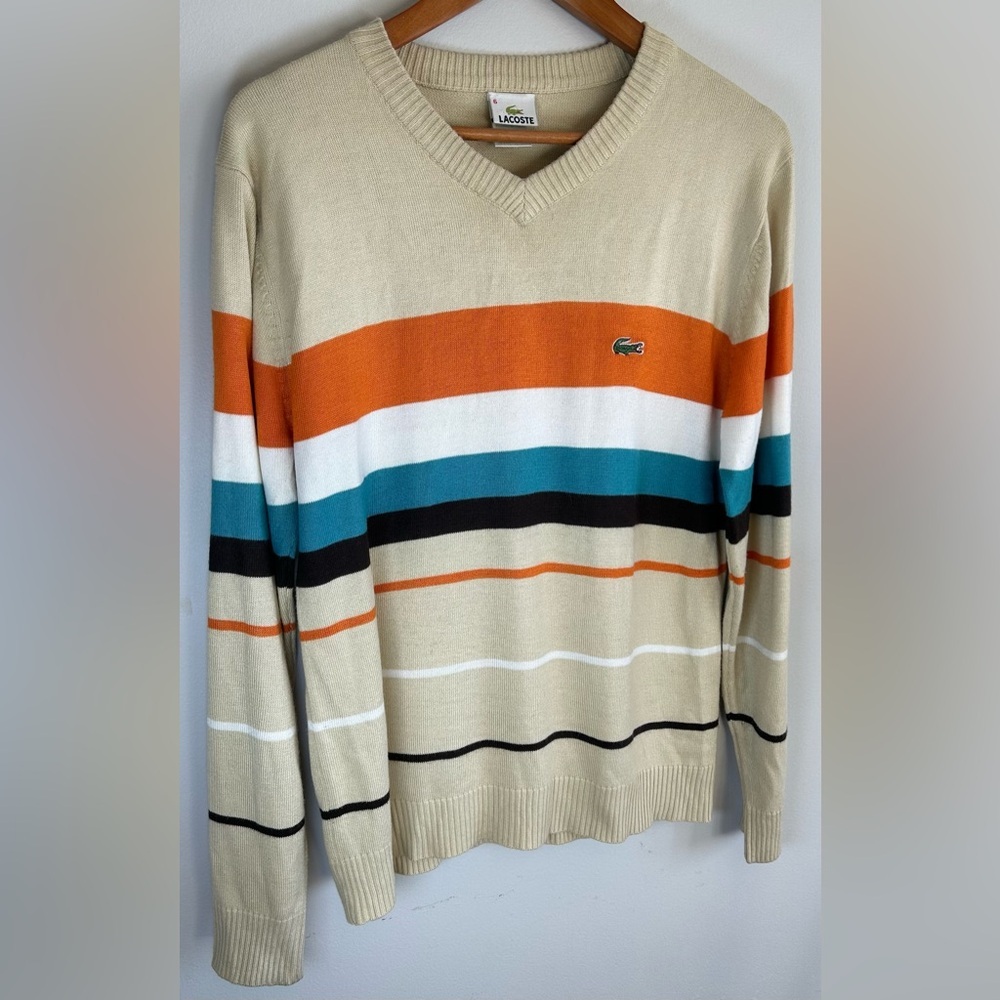 Vintage Lacoste Mens Tan Striped V-Neck Pullover Cotton Sweater Long Sleeve Sz 6 - Picture 2 of 9